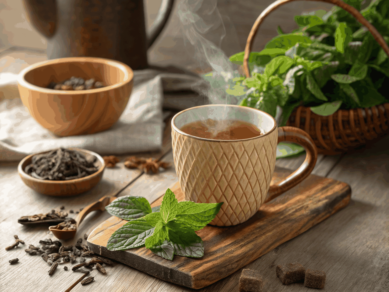 Preparación de té matutino con infusión de hongos Shiitake en taza de cerámica artesanal
